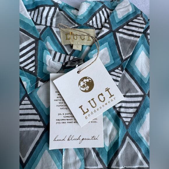 LUCI Women’s Button 100% Tencel Art wear Geometric Shirt Large Hand block design - Picture 3 of 10